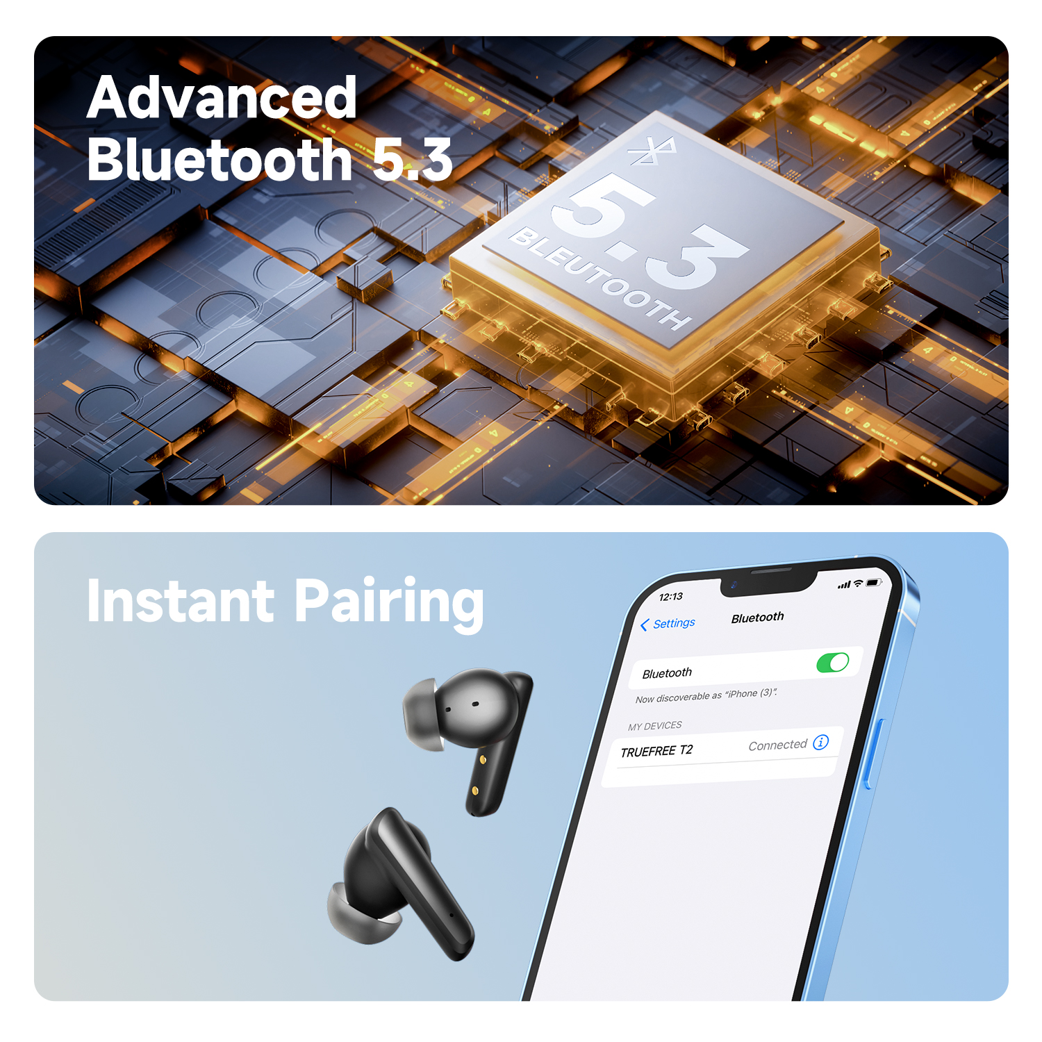 Truefree T2 Kabellose Ohrhörer, Bluetooth 5.3-Kopfhörer mit 4 Mikrofonen, Geräuschunterdrückung für iOS/Android/Laptop, Gaming/tiefe Bässe, 23 Stunden Spielzeit, mehrere Ohrstöpsel (S/M/L)