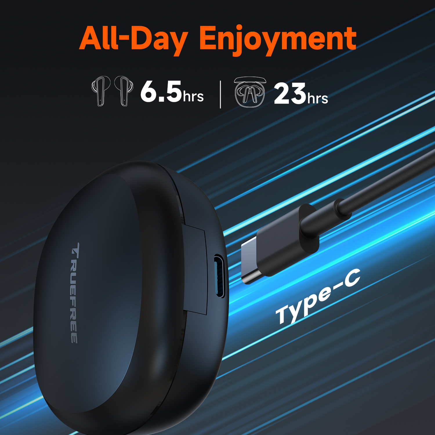 Truefree T2 Kabellose Ohrhörer, Bluetooth 5.3-Kopfhörer mit 4 Mikrofonen, Geräuschunterdrückung für iOS/Android/Laptop, Gaming/tiefe Bässe, 23 Stunden Spielzeit, mehrere Ohrstöpsel (S/M/L)