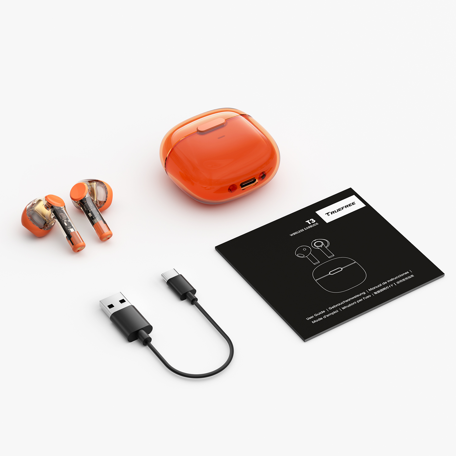 Truefree T3 Kabellose Ohrhörer, halboffene Bluetooth 5.3-Kopfhörer mit KI-Rauschunterdrückung für Anrufe, 28 Stunden Spielzeit, 13-mm-Treiber, 40-ms-Spielmodus, transparentes Design