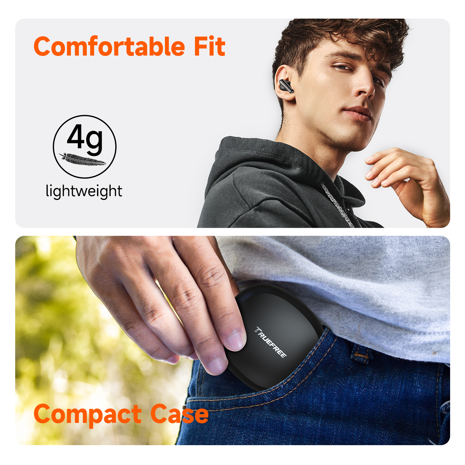 Truefree T2 Kabellose Ohrhörer, Bluetooth 5.3-Kopfhörer mit 4 Mikrofonen, Geräuschunterdrückung für iOS/Android/Laptop, Gaming/tiefe Bässe, 23 Stunden Spielzeit, mehrere Ohrstöpsel (S/M/L)