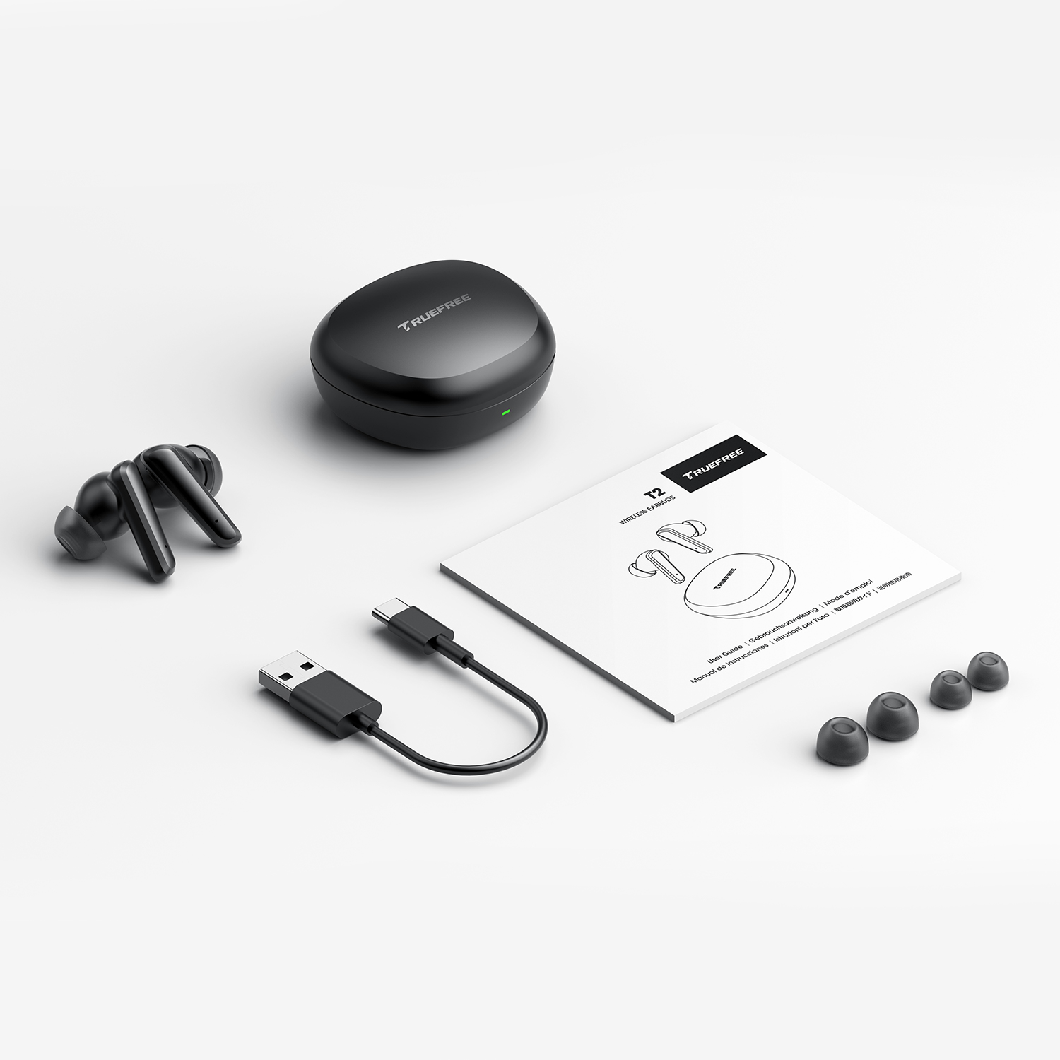 Truefree T2 Kabellose Ohrhörer, Bluetooth 5.3-Kopfhörer mit 4 Mikrofonen, Geräuschunterdrückung für iOS/Android/Laptop, Gaming/tiefe Bässe, 23 Stunden Spielzeit, mehrere Ohrstöpsel (S/M/L)