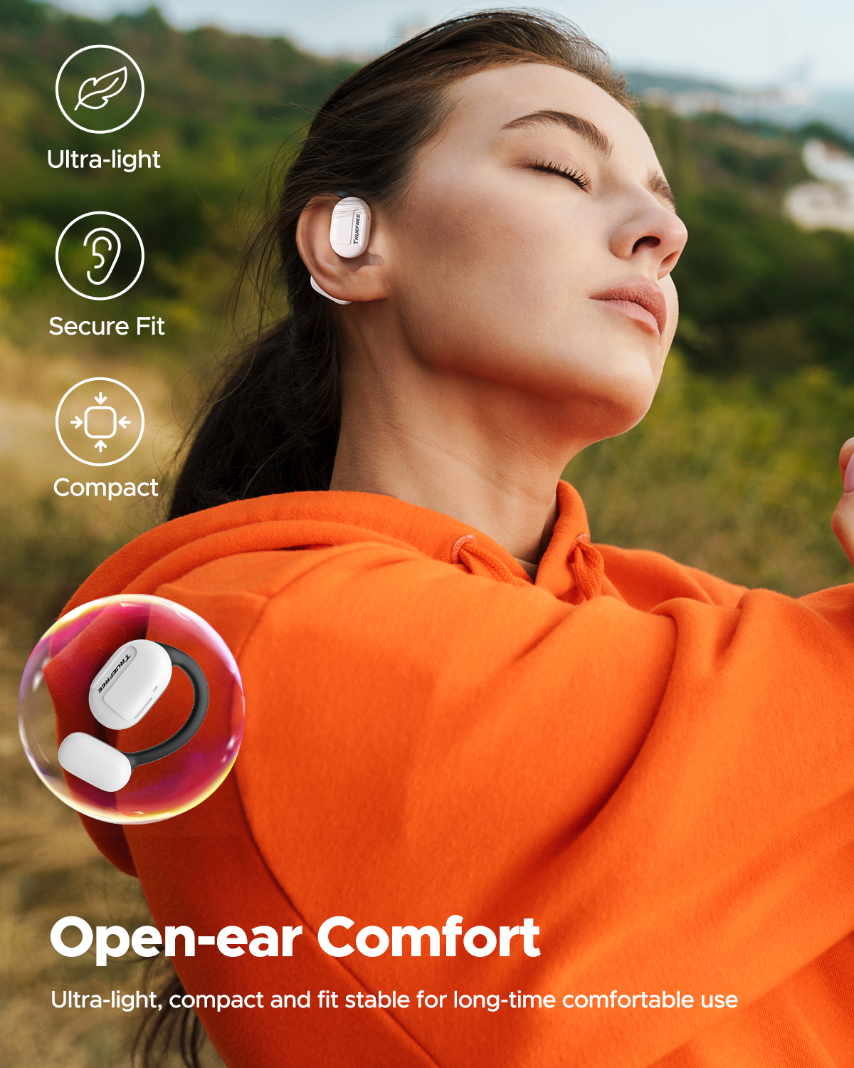 Truefree O1 Open-Ear-Kopfhörer, Bluetooth 5.3-Ohrhörer mit Ohrbügel, Over-Ear-Luftleitung für Sport, 4 Mikrofone für klare Anrufe, 45 Stunden Spielzeit, 16,2 mm verstärkter Bass, App-Steuerung – Weiß
