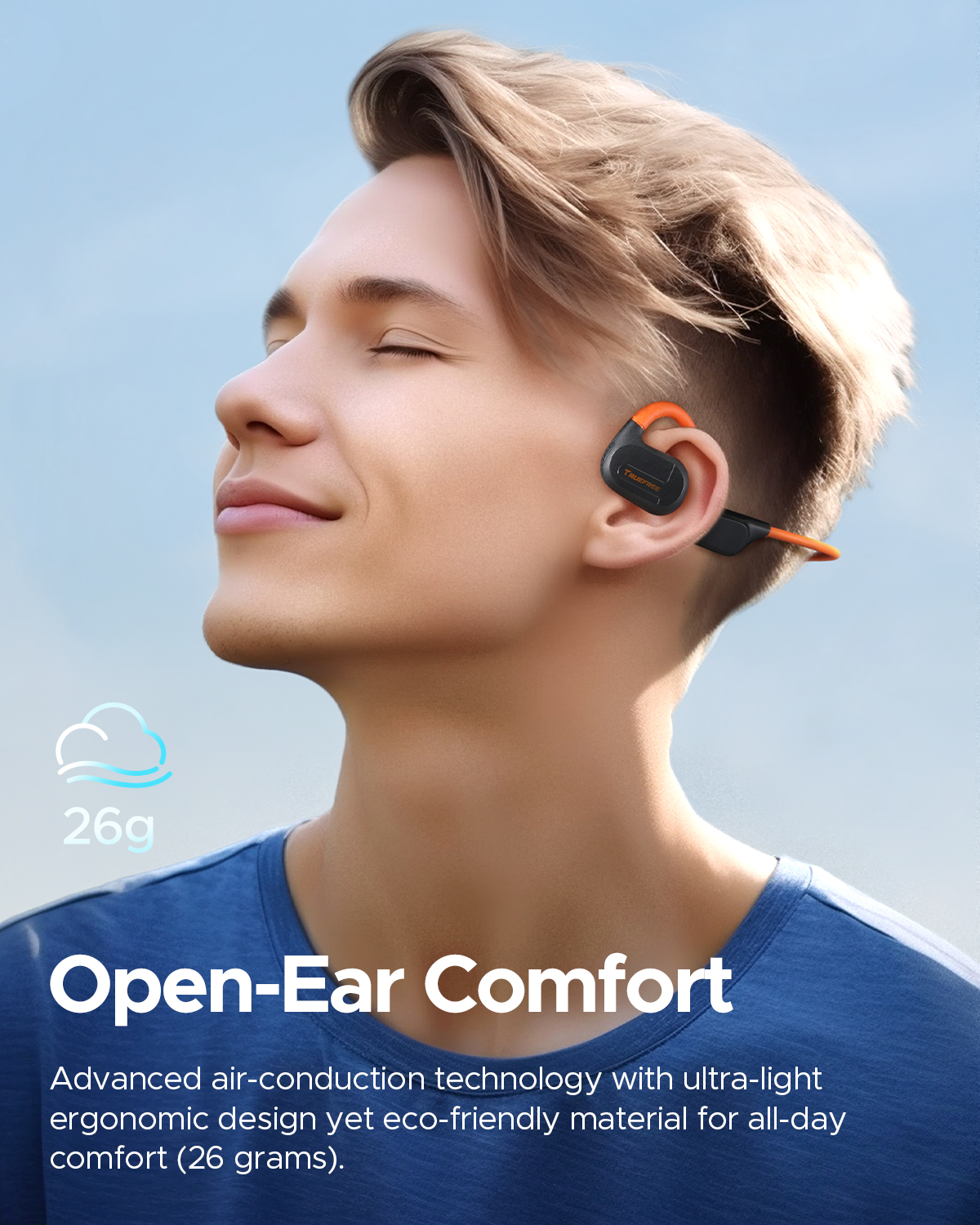 Truefree F2 Open-Ear-Kopfhörer, Air Conduction Bluetooth 5.3 Kabellose Kopfhörer für Sport, 15 Stunden Spielzeit, 16,2 mm verstärkter Bass, Dual-Mikrofon, Multipoint-Verbindung, App-Steuerung, Laufen, Radfahren