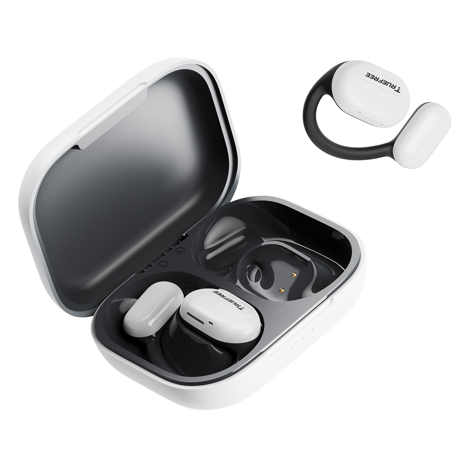 Truefree O1 Open-Ear-Kopfhörer, Bluetooth 5.3-Ohrhörer mit Ohrbügel, Over-Ear-Luftleitung für Sport, 4 Mikrofone für klare Anrufe, 45 Stunden Spielzeit, 16,2 mm verstärkter Bass, App-Steuerung – Weiß