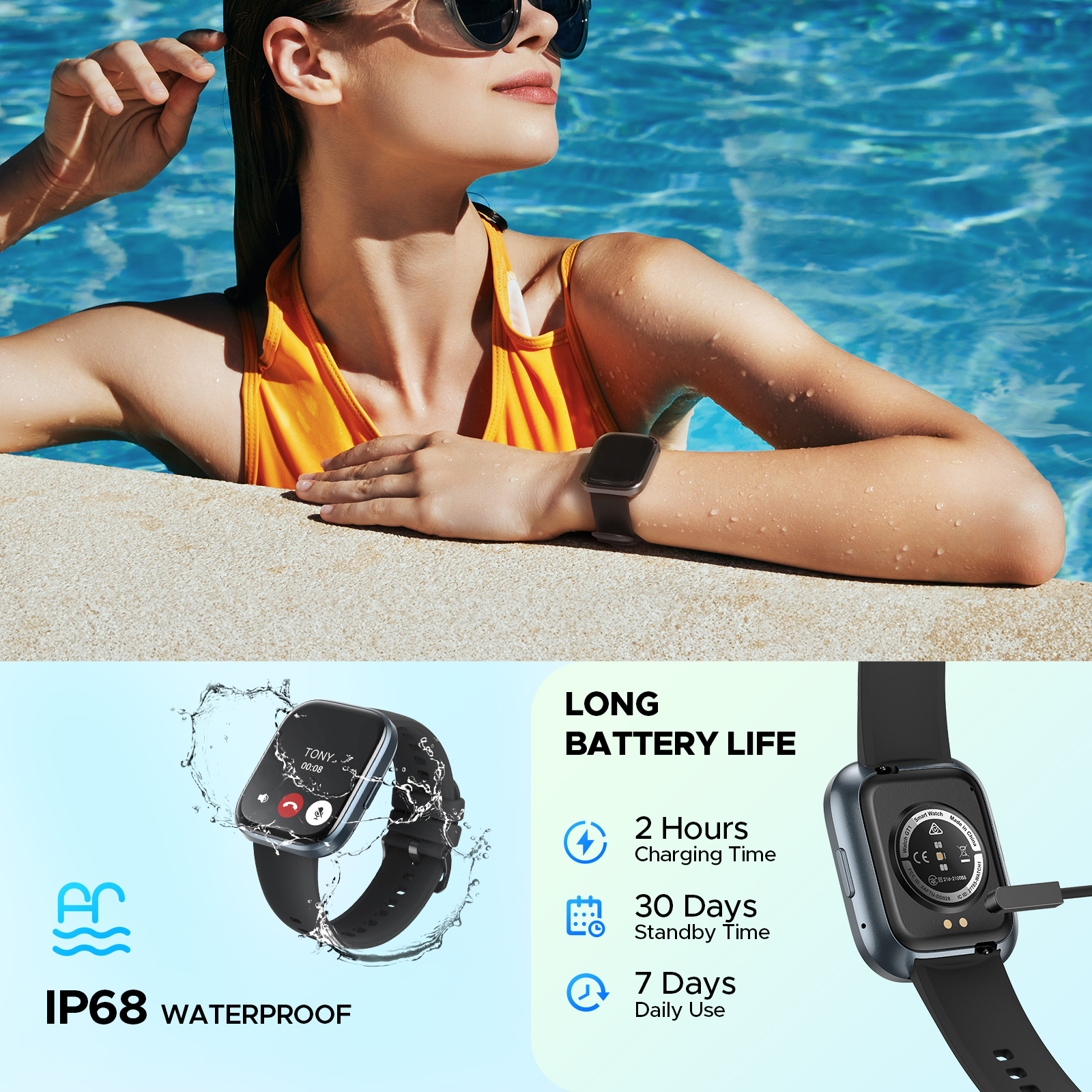 Truefree GT1 Smart Watch: 1,96-Zoll-Voll-Touchscreen, Herzfrequenz-, Schlafmonitor, IP68 wasserdicht, 24 Sportmodi, Schrittzähler, kompatibel mit Android/iOS.