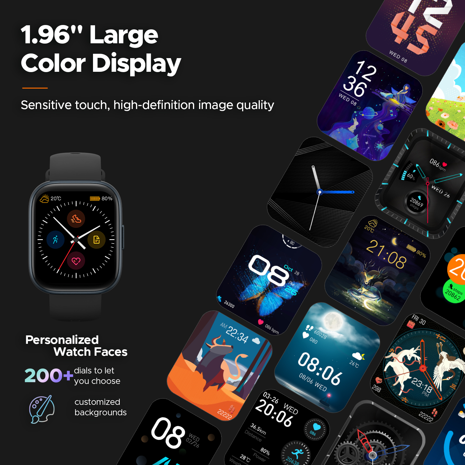 Truefree GT1 Smart Watch: 1,96-Zoll-Voll-Touchscreen, Herzfrequenz-, Schlafmonitor, IP68 wasserdicht, 24 Sportmodi, Schrittzähler, kompatibel mit Android/iOS.