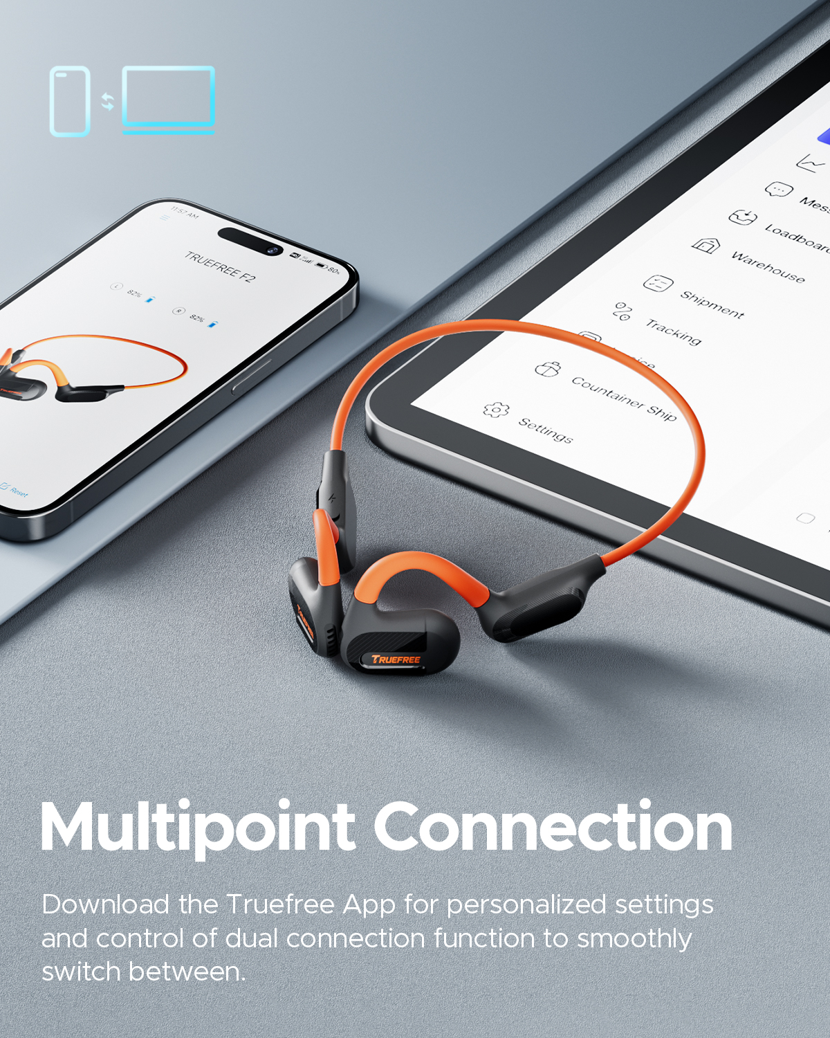 Truefree F2 Open-Ear-Kopfhörer, Air Conduction Bluetooth 5.3 Kabellose Kopfhörer für Sport, 15 Stunden Spielzeit, 16,2 mm verstärkter Bass, Dual-Mikrofon, Multipoint-Verbindung, App-Steuerung, Laufen, Radfahren