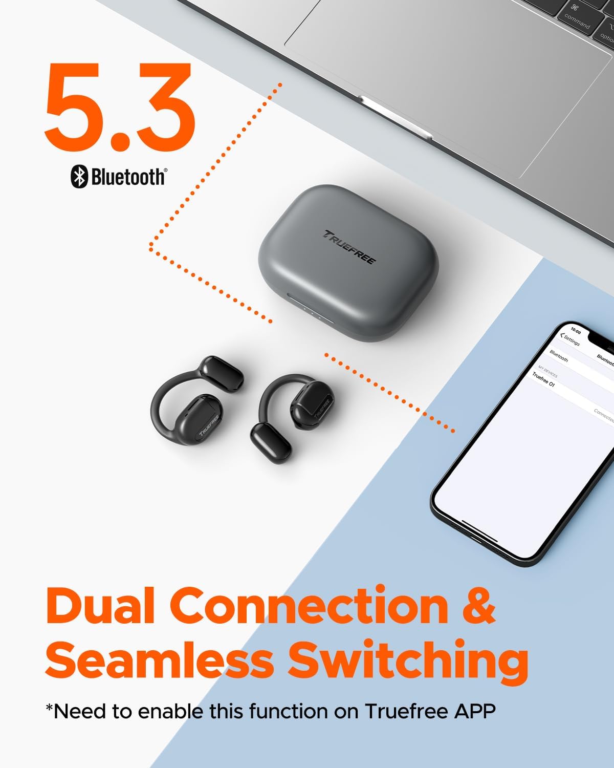 Truefree O1 Open-Ear-Kopfhörer, Bluetooth 5.3-Ohrhörer mit Ohrbügel, Over-Ear-Luftleitung für Sport, 4 Mikrofone für klare Anrufe, 45 Stunden Spielzeit, 16,2 mm verstärkter Bass, App-Steuerung – Schwarz