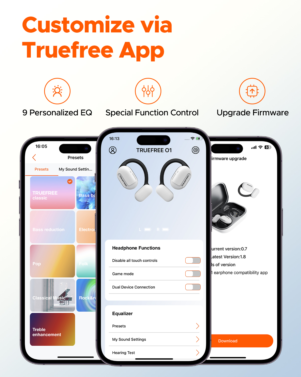 Truefree O1 Open-Ear-Kopfhörer, Bluetooth 5.3-Ohrhörer mit Ohrbügel, Over-Ear-Luftleitung für Sport, 4 Mikrofone für klare Anrufe, 45 Stunden Spielzeit, 16,2 mm verstärkter Bass, App-Steuerung – Weiß