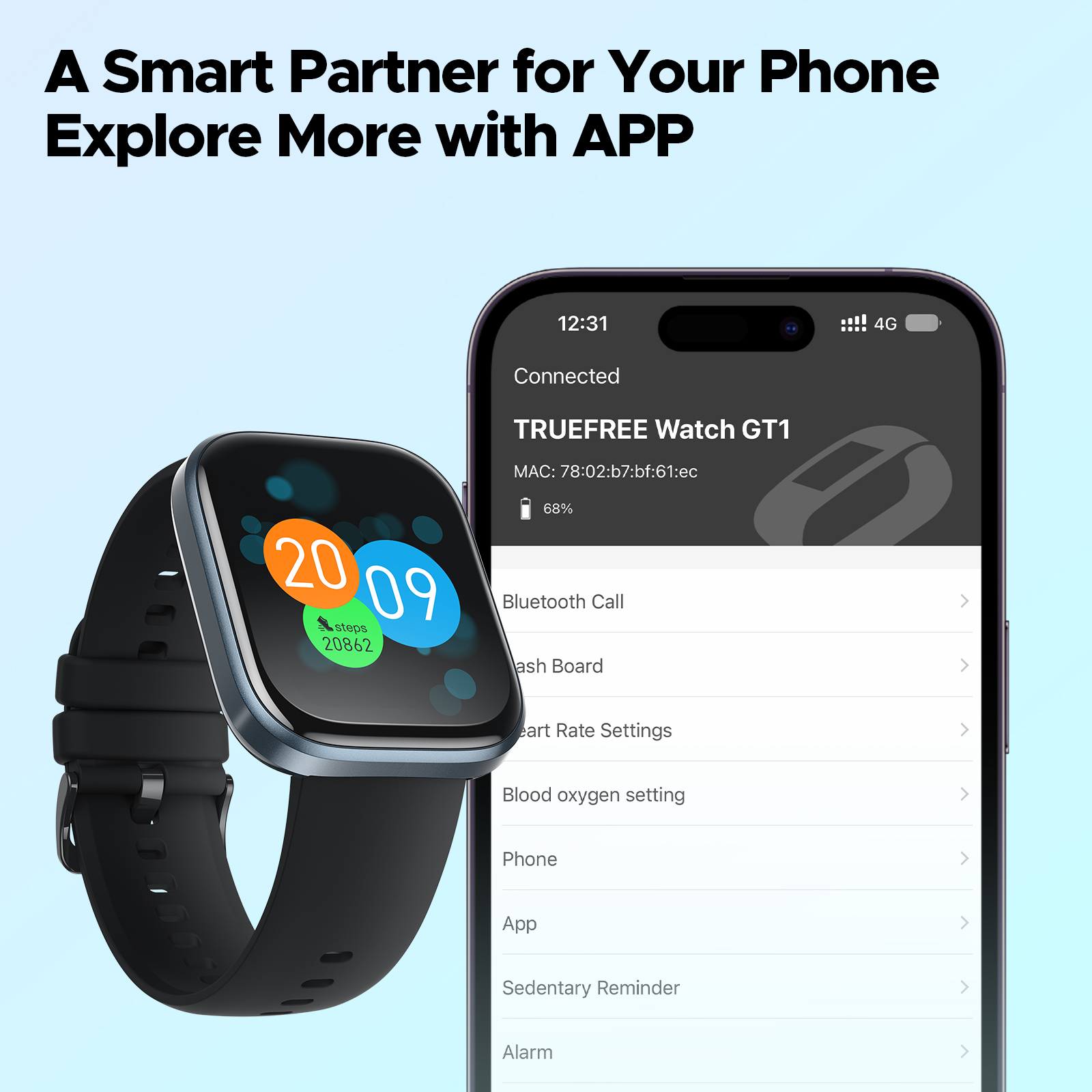 Truefree GT1 Smart Watch: 1,96-Zoll-Voll-Touchscreen, Herzfrequenz-, Schlafmonitor, IP68 wasserdicht, 24 Sportmodi, Schrittzähler, kompatibel mit Android/iOS.