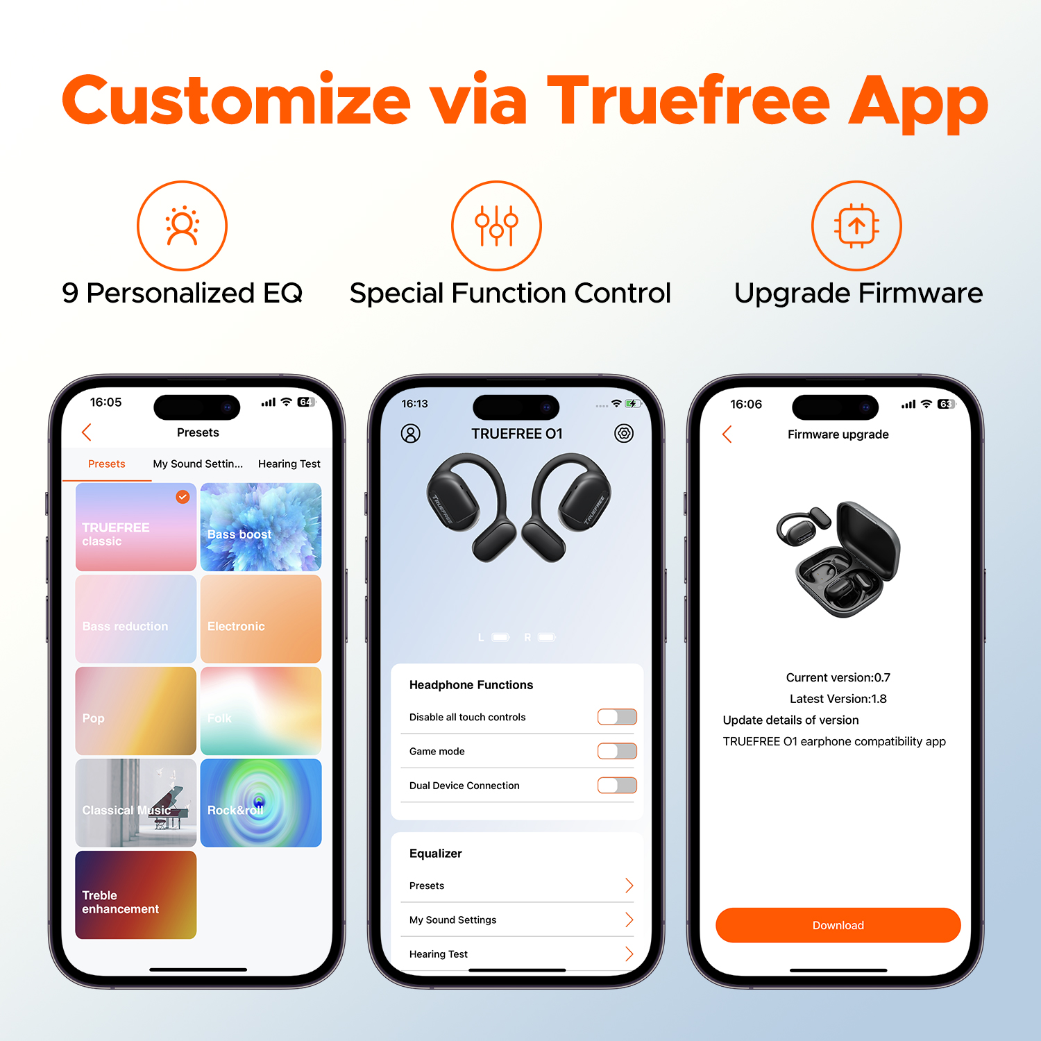 Truefree O1 Open-Ear-Kopfhörer, Bluetooth 5.3-Ohrhörer mit Ohrbügel, Over-Ear-Luftleitung für Sport, 4 Mikrofone für klare Anrufe, 45 Stunden Spielzeit, 16,2 mm verstärkter Bass, App-Steuerung – Schwarz