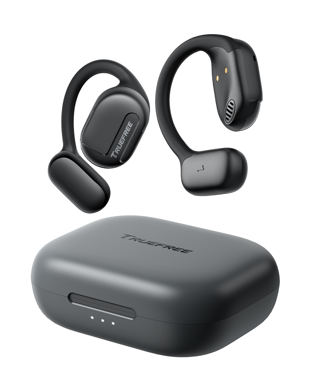 Truefree O1 Open-Ear-Kopfhörer, Bluetooth 5.3-Ohrhörer mit Ohrbügel, Over-Ear-Luftleitung für Sport, 4 Mikrofone für klare Anrufe, 45 Stunden Spielzeit, 16,2 mm verstärkter Bass, App-Steuerung – Schwarz