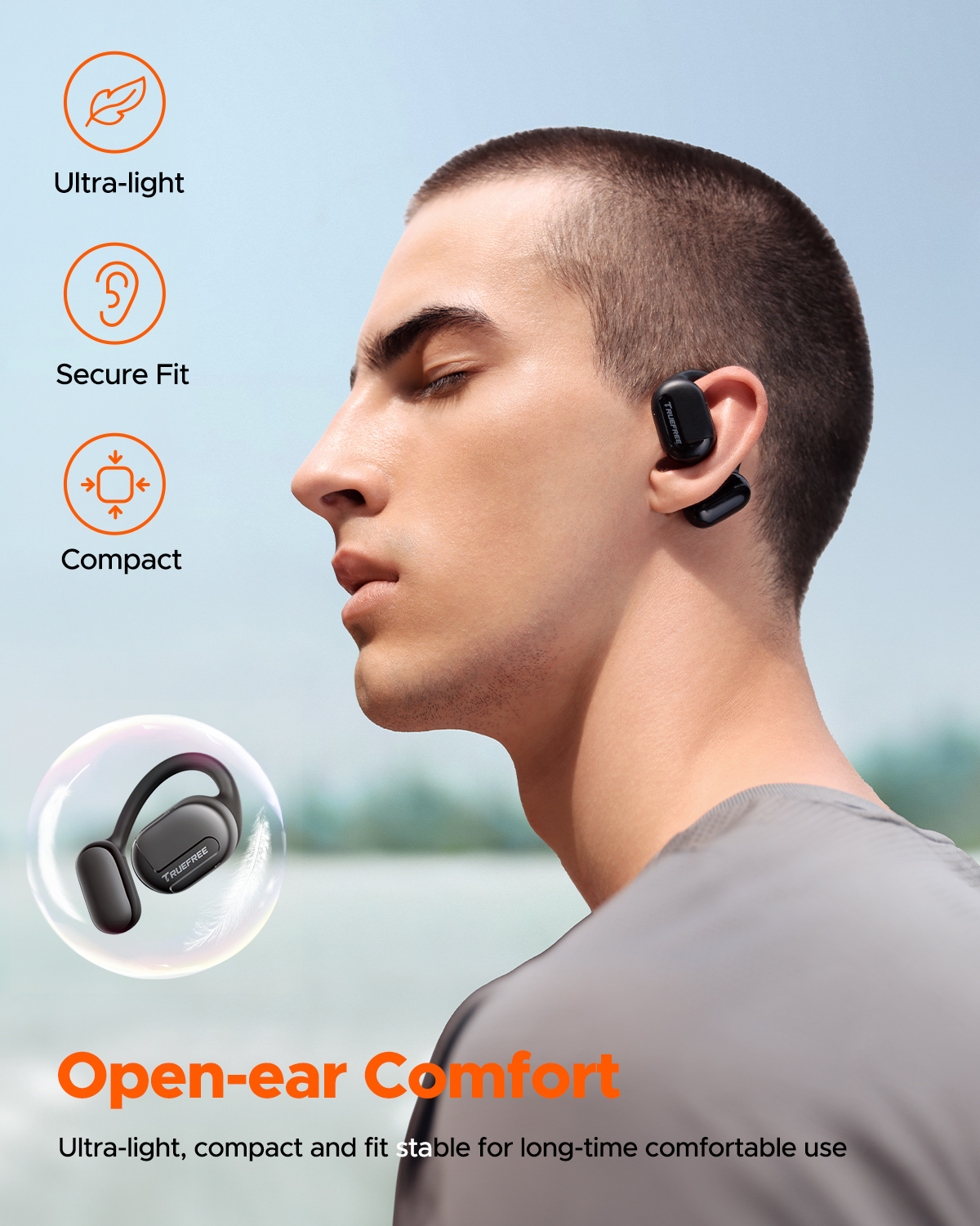 Truefree O1 Open-Ear-Kopfhörer, Bluetooth 5.3-Ohrhörer mit Ohrbügel, Over-Ear-Luftleitung für Sport, 4 Mikrofone für klare Anrufe, 45 Stunden Spielzeit, 16,2 mm verstärkter Bass, App-Steuerung – Schwarz