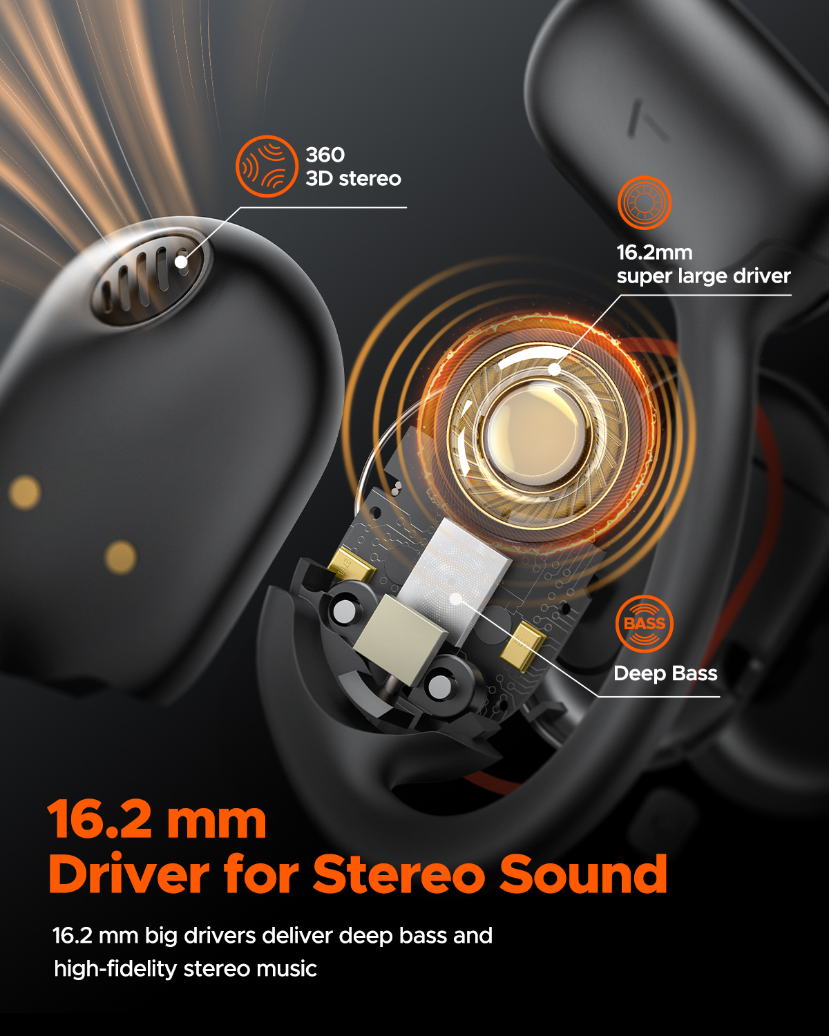 Truefree O1 Open-Ear-Kopfhörer, Bluetooth 5.3-Ohrhörer mit Ohrbügel, Over-Ear-Luftleitung für Sport, 4 Mikrofone für klare Anrufe, 45 Stunden Spielzeit, 16,2 mm verstärkter Bass, App-Steuerung – Schwarz