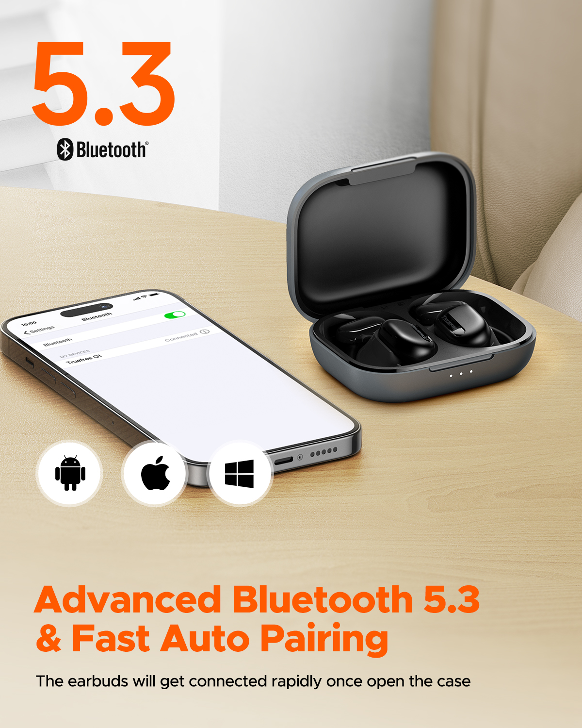 Truefree O1 Open-Ear-Kopfhörer, Bluetooth 5.3-Ohrhörer mit Ohrbügel, Over-Ear-Luftleitung für Sport, 4 Mikrofone für klare Anrufe, 45 Stunden Spielzeit, 16,2 mm verstärkter Bass, App-Steuerung – Schwarz