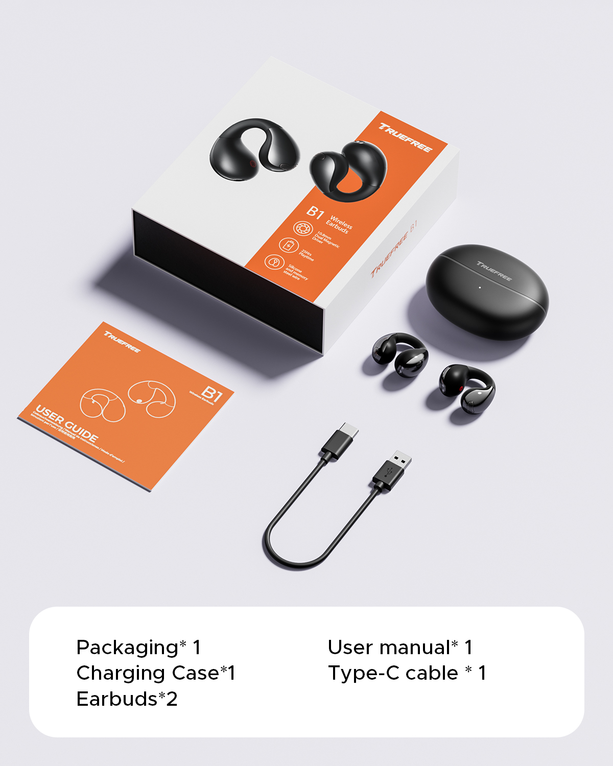 Truefree B1 Clip-On Kabellose Ohrhörer, Bluetooth 5.4, Räumlicher Klang, 10.8mm Treiber, 25H Wiedergabezeit, Klare Anrufe, Multipoint, App-Anpassbar