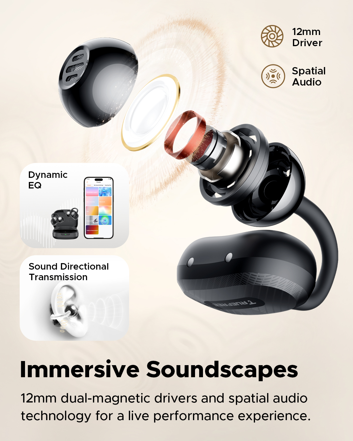Truefree C10 Clip-On Kabellose Ohrhörer, Bluetooth 5.4, 12mm Treiber, Räumlicher Klang, 28H Spielzeit, IPX5, AI-ENC Anrufe, Dual-Verbindung, App-Anpassung