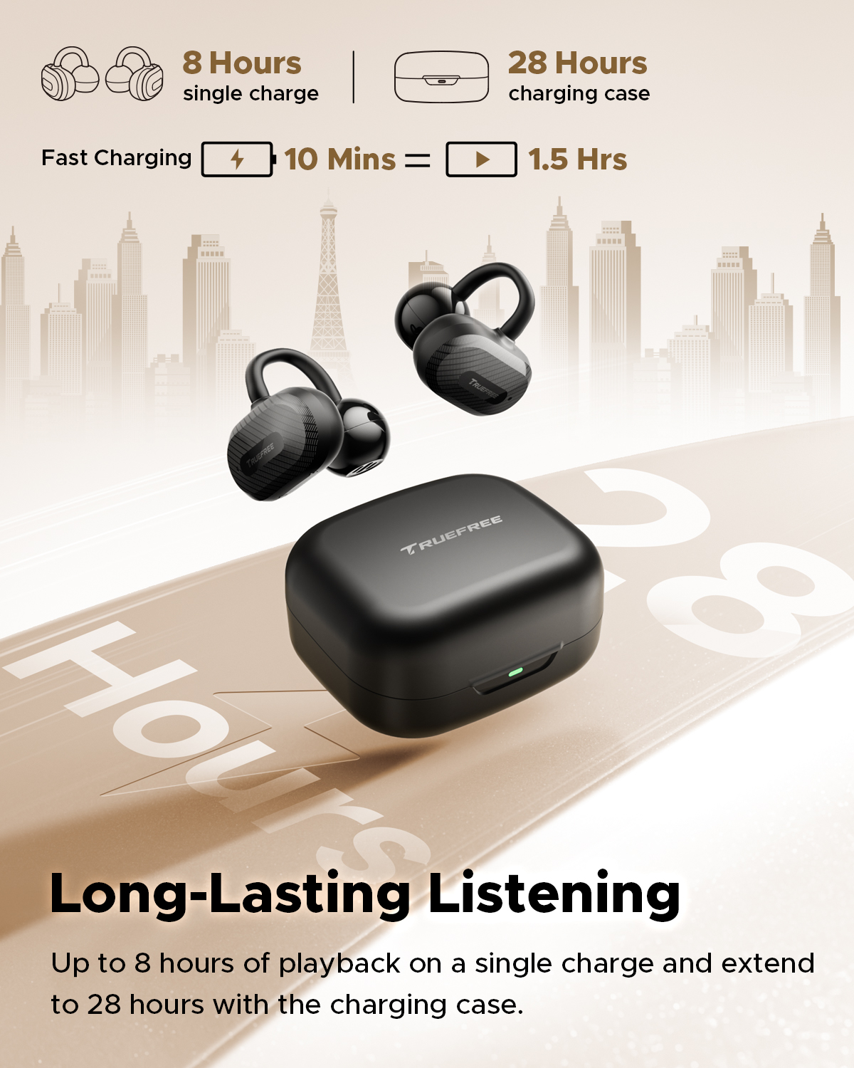 Truefree C10 Clip-On Kabellose Ohrhörer, Bluetooth 5.4, 12mm Treiber, Räumlicher Klang, 28H Spielzeit, IPX5, AI-ENC Anrufe, Dual-Verbindung, App-Anpassung