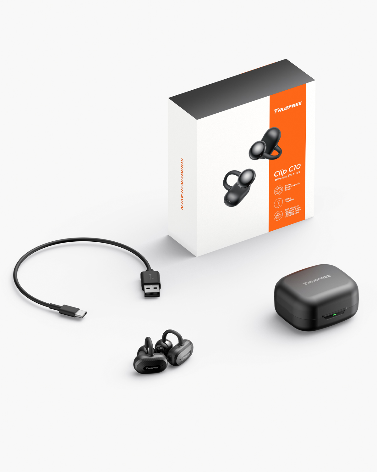 Truefree C10 Clip-On Kabellose Ohrhörer, Bluetooth 5.4, 12mm Treiber, Räumlicher Klang, 28H Spielzeit, IPX5, AI-ENC Anrufe, Dual-Verbindung, App-Anpassung