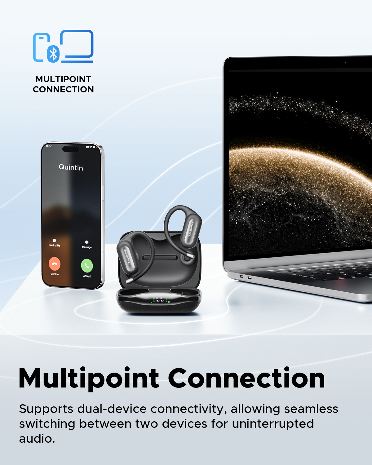 Truefree DS1 Offene Kopfhörer Kabellos Bluetooth 6.0 mit Ohrbügeln, Räumlicher Klang, 4 Mikrofone für klare Gespräche, 40h Spielzeit, Schnellladung, Multipoint, IPX5 für Sport, Fester Sitz