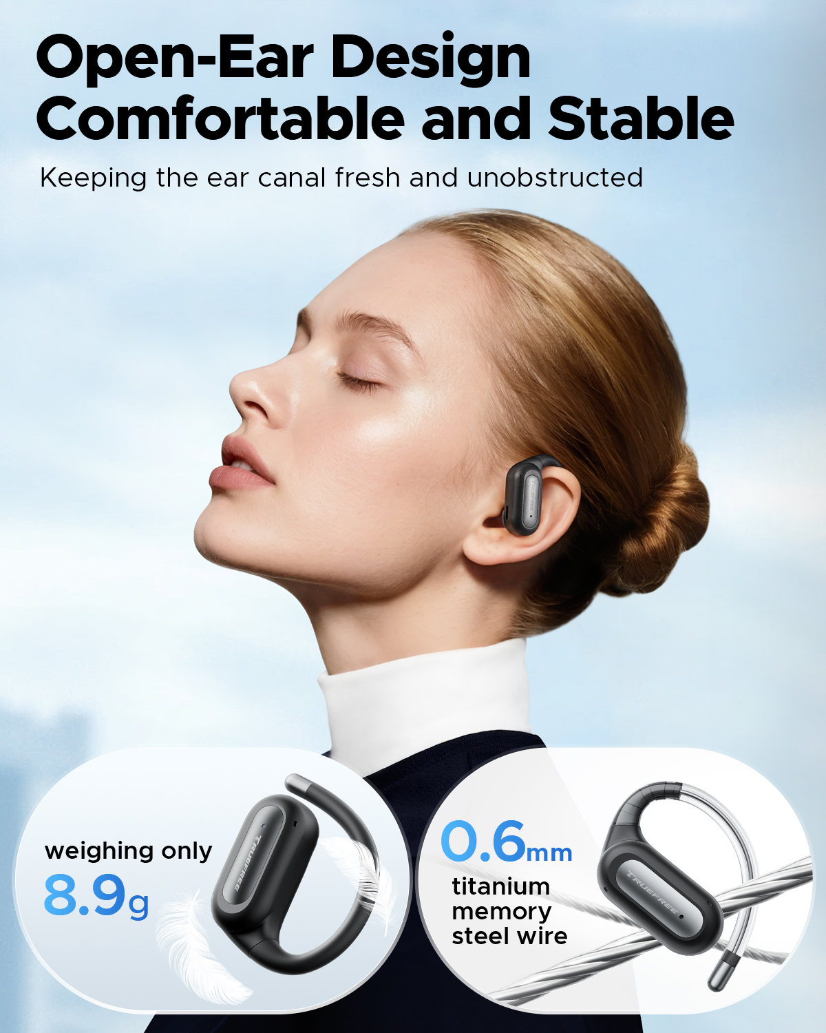 Truefree DS1 Offene Kopfhörer Kabellos Bluetooth 6.0 mit Ohrbügeln, Räumlicher Klang, 4 Mikrofone für klare Gespräche, 40h Spielzeit, Schnellladung, Multipoint, IPX5 für Sport, Fester Sitz