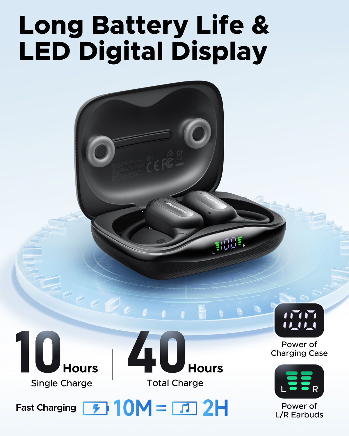 Truefree DS1 Offene Kopfhörer Kabellos Bluetooth 6.0 mit Ohrbügeln, Räumlicher Klang, 4 Mikrofone für klare Gespräche, 40h Spielzeit, Schnellladung, Multipoint, IPX5 für Sport, Fester Sitz