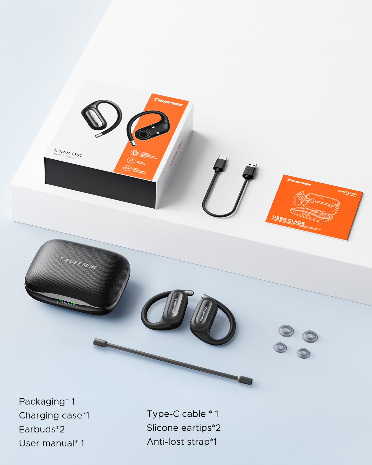 Truefree DS1 Offene Kopfhörer Kabellos Bluetooth 6.0 mit Ohrbügeln, Räumlicher Klang, 4 Mikrofone für klare Gespräche, 40h Spielzeit, Schnellladung, Multipoint, IPX5 für Sport, Fester Sitz