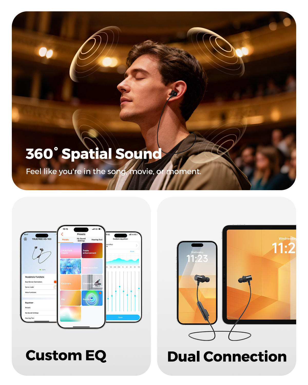 TRUEFREE HD-100 Neckband Sports Earphones, 11mm Dual-Magnetic Driver Wireless Headphones, 20H Playtime, IP67 Waterproof, Fast Charge, AI Noise Cancellation, Ultra-Low Latency, App-Enhanced EQ